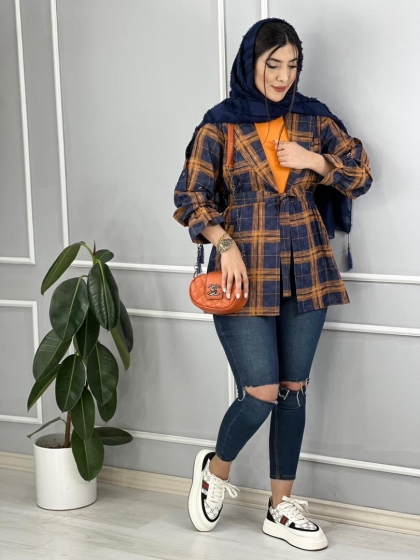 چهارخونه آستین چین نیلا کد volga2334