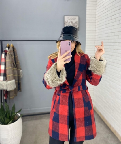 پالتو چهارخونه استین خز کد 863
