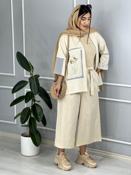 مانتو و شلوار گلدوزی لینن عروسک کد volga2573
