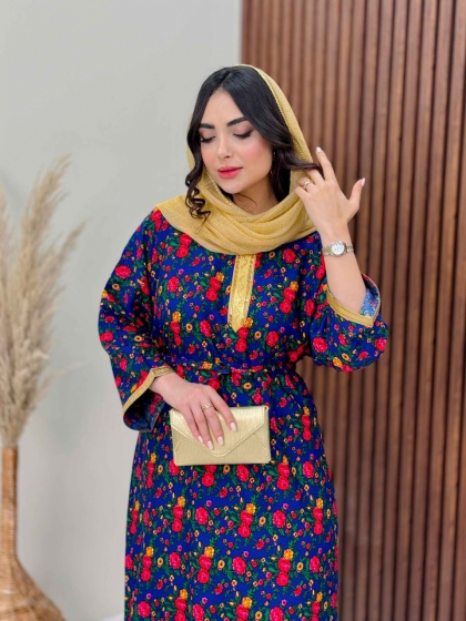 پیراهن گل گلی کمردار بنفشه کد5747